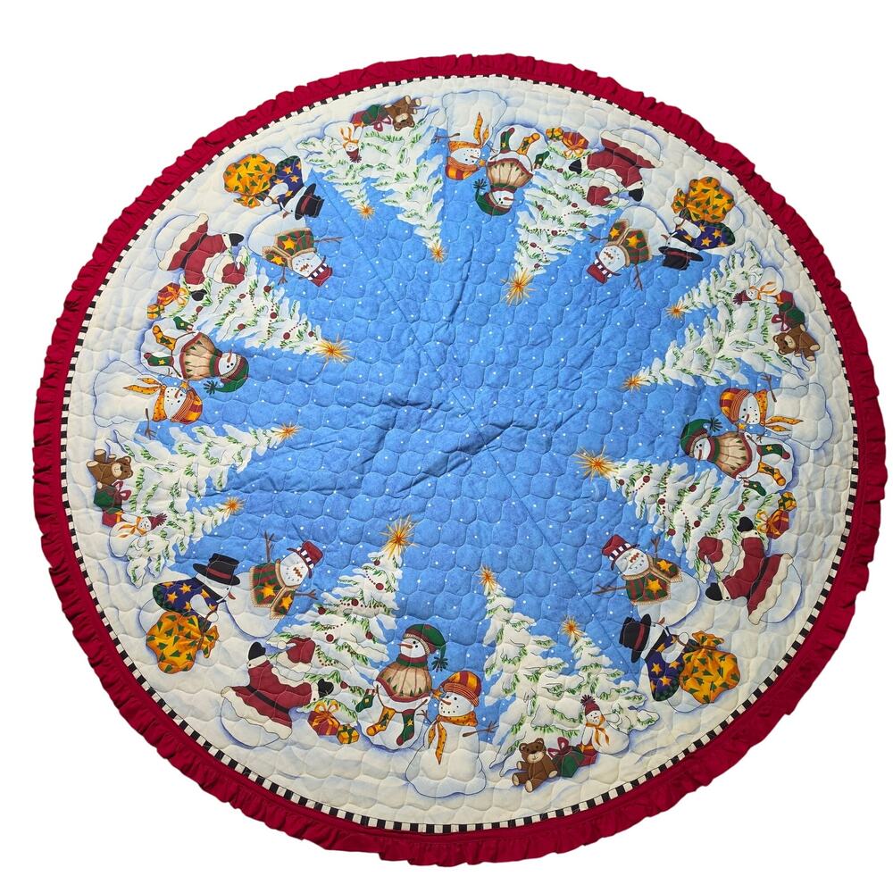 Vintage Christmas Round Table Cloth Quilted Snowman